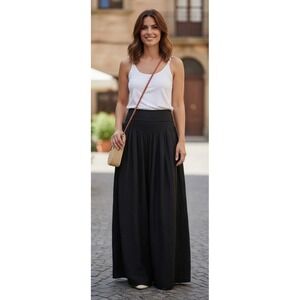 Giusy Silk Blend Black Palazzo Pants Wide Leg Foldover Waist Pull On L